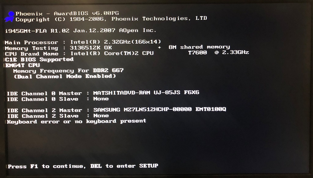 「Keyboard error or no keyboard present」エラー