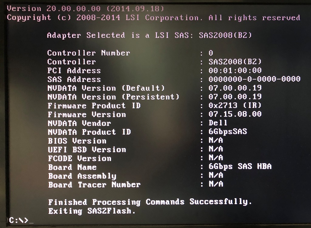 FreeDOS sas2flsh -c 0 -list 実行結果