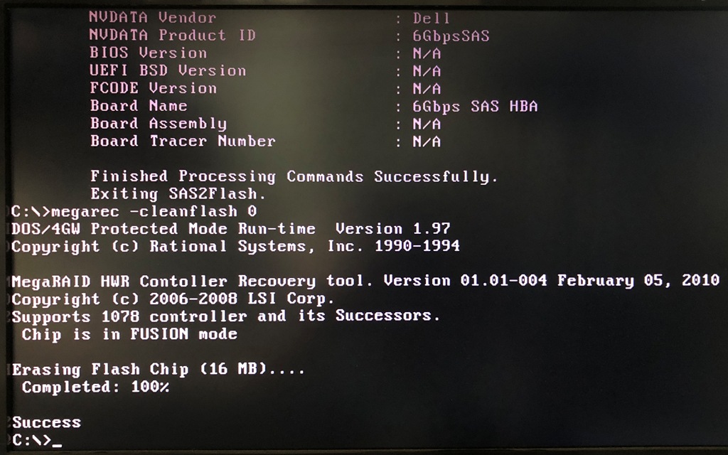 FreeDOS MegaRec.exe -cleanflash 0 実行結果