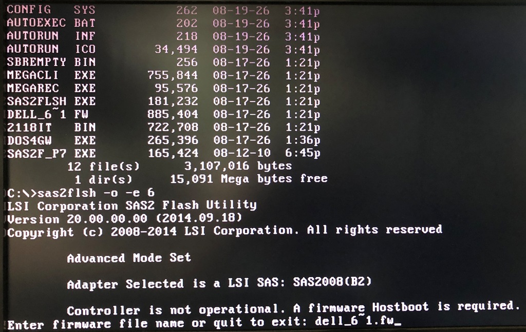 FreeDOS sas2flsh -o -e 6 実行 ファームウェア名入力後