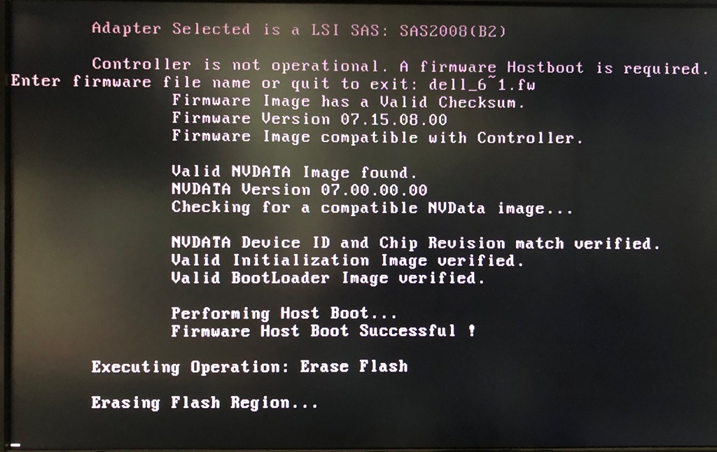 FreeDOS sas2flsh -o -e 6 実行中