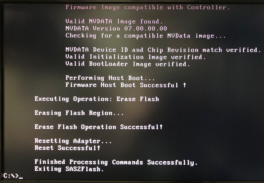 FreeDOS sas2flsh -o -e 6 実行後