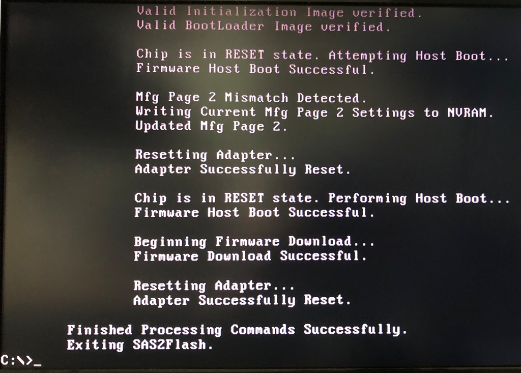 FreeDOS sas2flsh.exe -o -f DELL_6~1.FW 実行完了