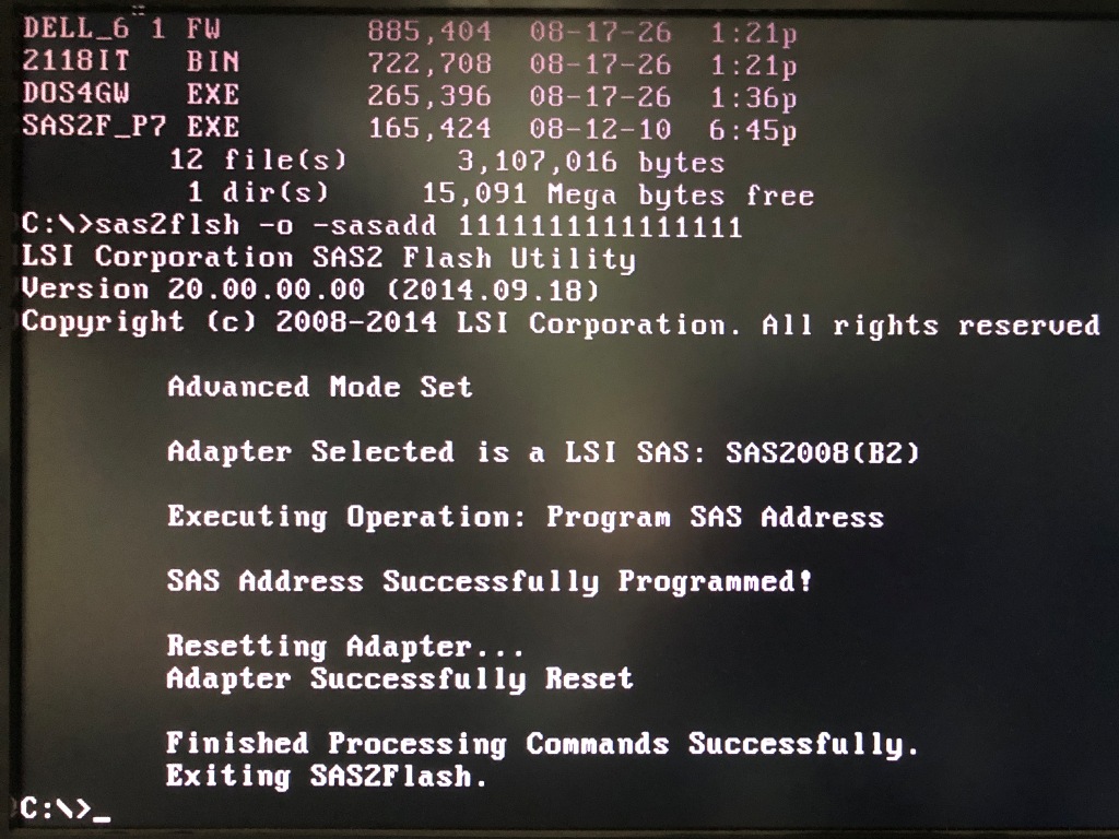 FreeDOS sas2flsh.exe SAS アドレス書き戻し