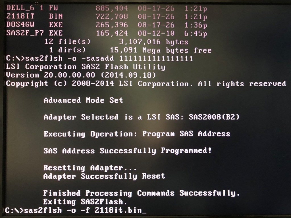 FreeDOS sas2flsh.exe 2118it.bin 書き込み 1