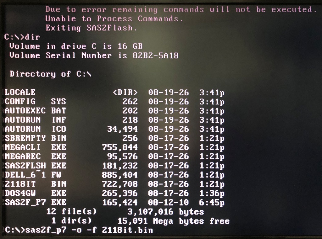 FreeDOS sas2flash.exe P07 版 2118it.bin 書き込み