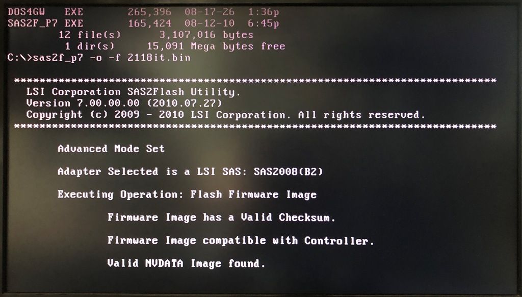 FreeDOS sas2flash.exe P07 版 2118it.bin 書き込み 2
