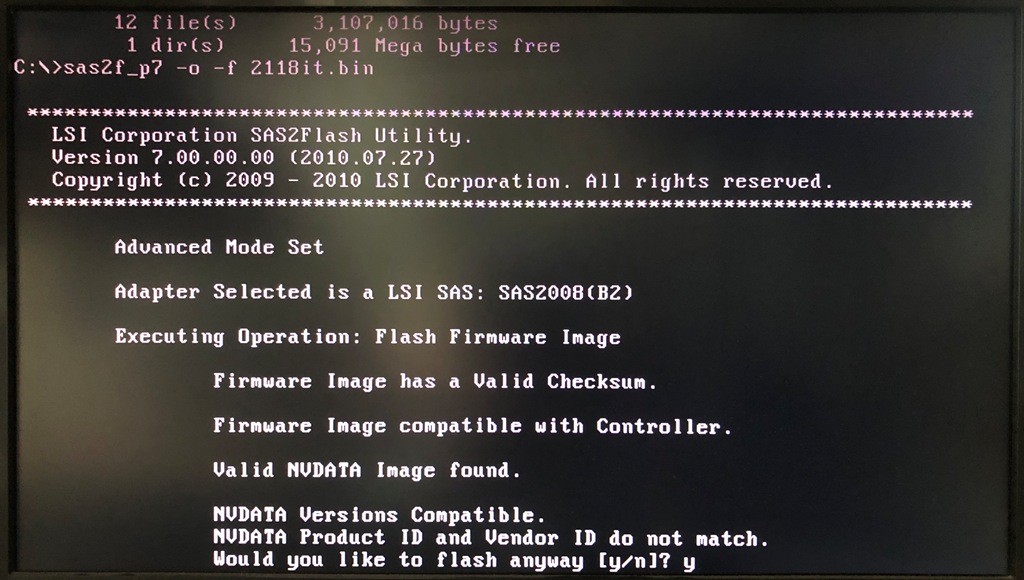 FreeDOS sas2flash.exe P07 版 2118it.bin 書き込み IDミスマッチ