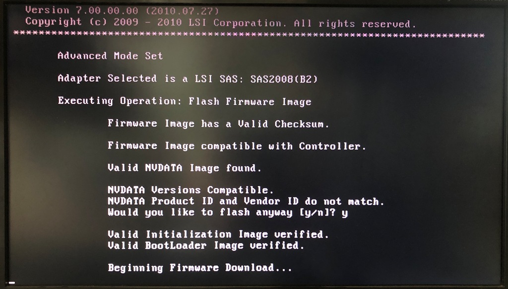 FreeDOS sas2flash.exe P07 版 2118it.bin 書き込み Beginning Firmware Download
