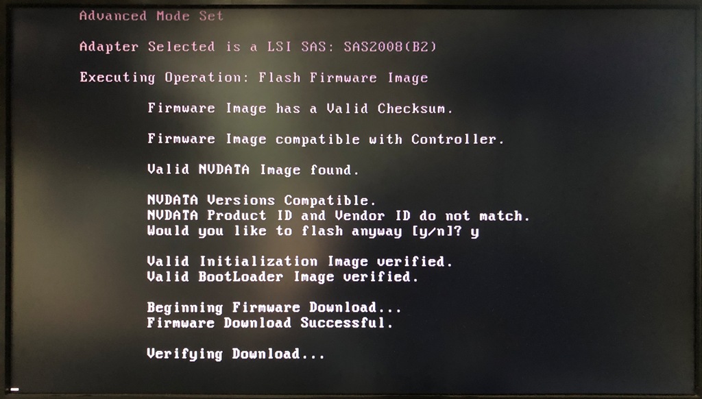FreeDOS sas2flash.exe P07 版 2118it.bin 書き込み Verifying Download...