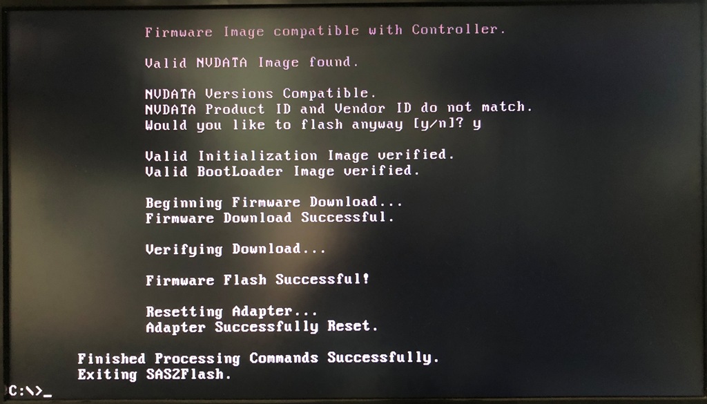 FreeDOS sas2lalsh.exe P07 版 2118it.bin 書き込み完了