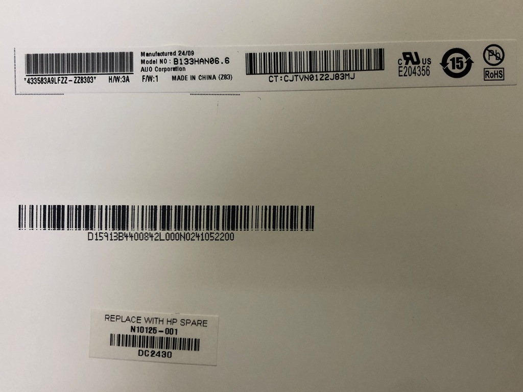 HP EliteBook 630 G10 液晶パネル B133HAN06.6 型番表記