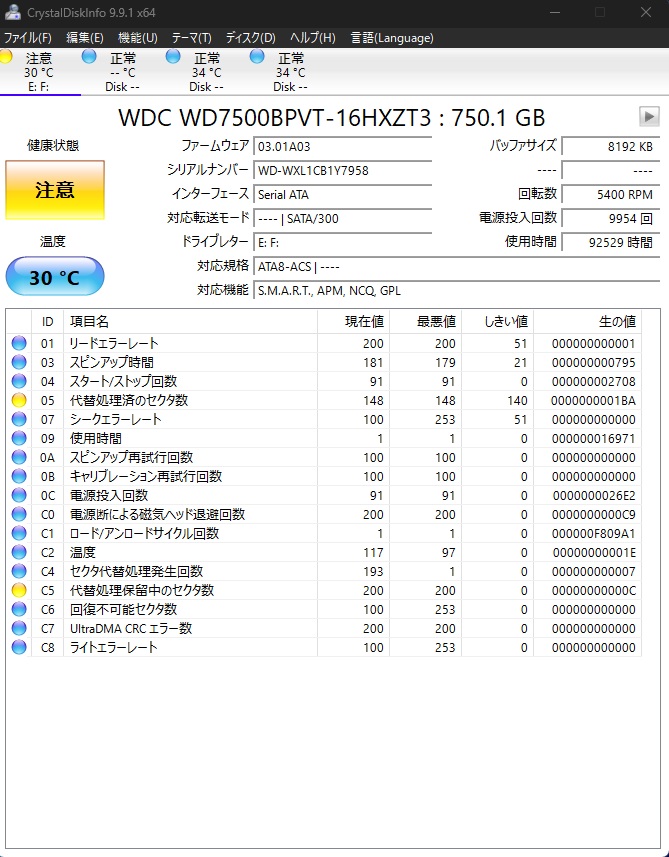 FUJITSU LIFEBOOK AH56/H FMVA56HLKS HDD Western Digital WD7500BPVT S.M.A.R.T.エラー